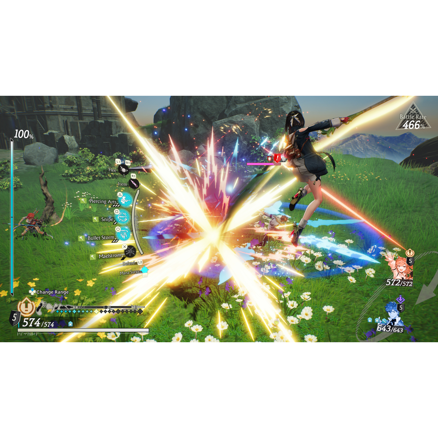 A video game scene with a female character fighting, surrounded by colorful effects and enemies.