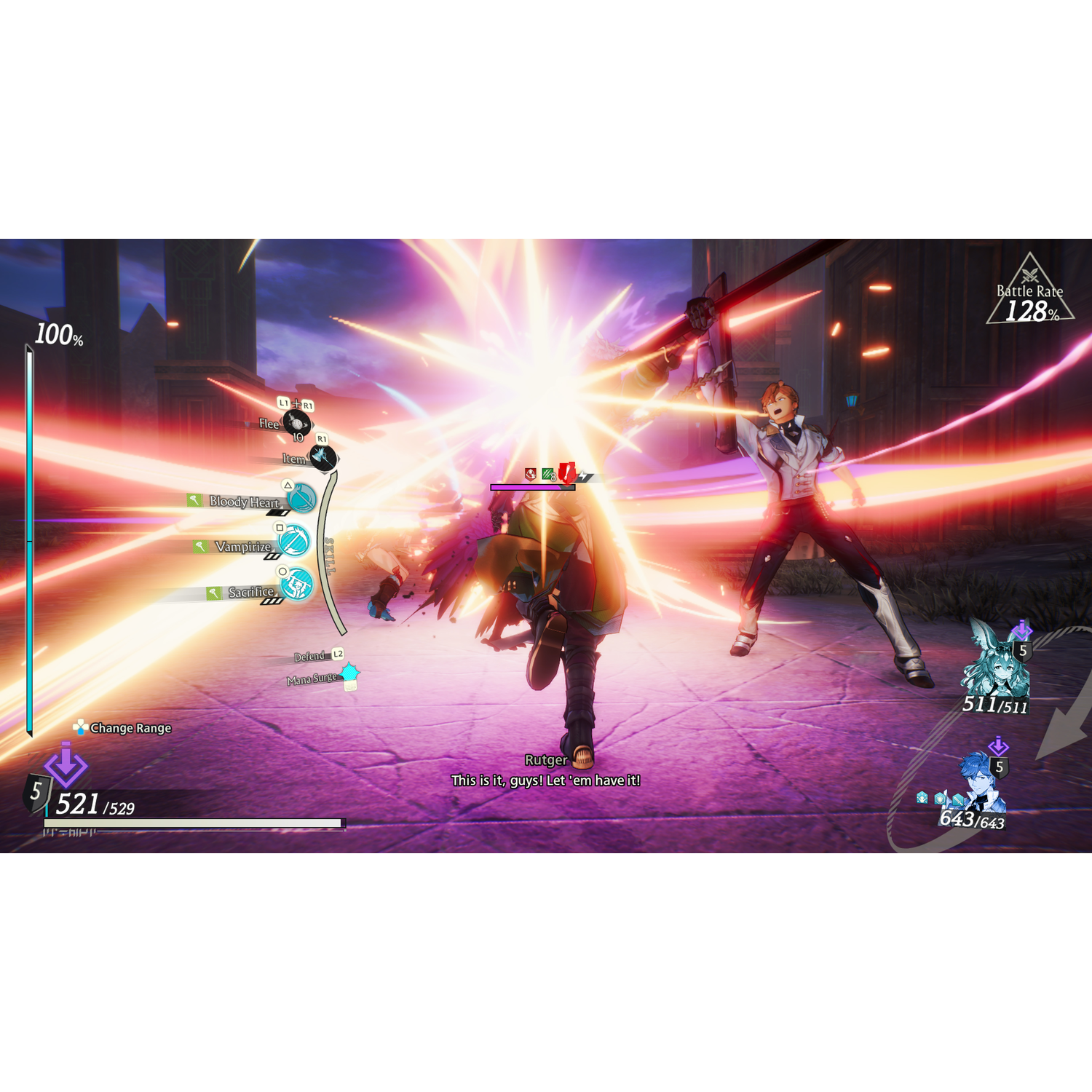 Action scene from a video game with two characters fighting, bright light effects.