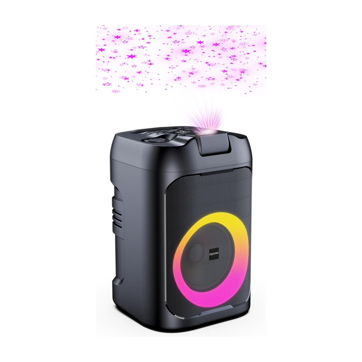 Un altoparlante nero con un cerchio rosa e giallo. Stelle rosa fluttuano sopra.
