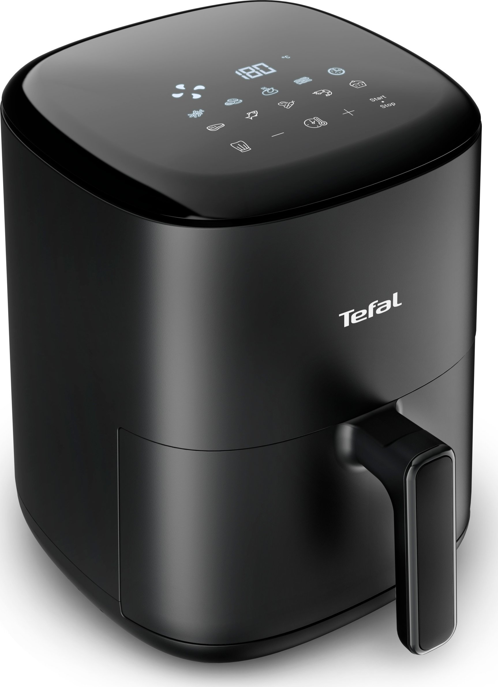 Czarna frytownica beztłuszczowa z cyfrowym wyświetlaczem i uchwytem, na białej powierzchni.