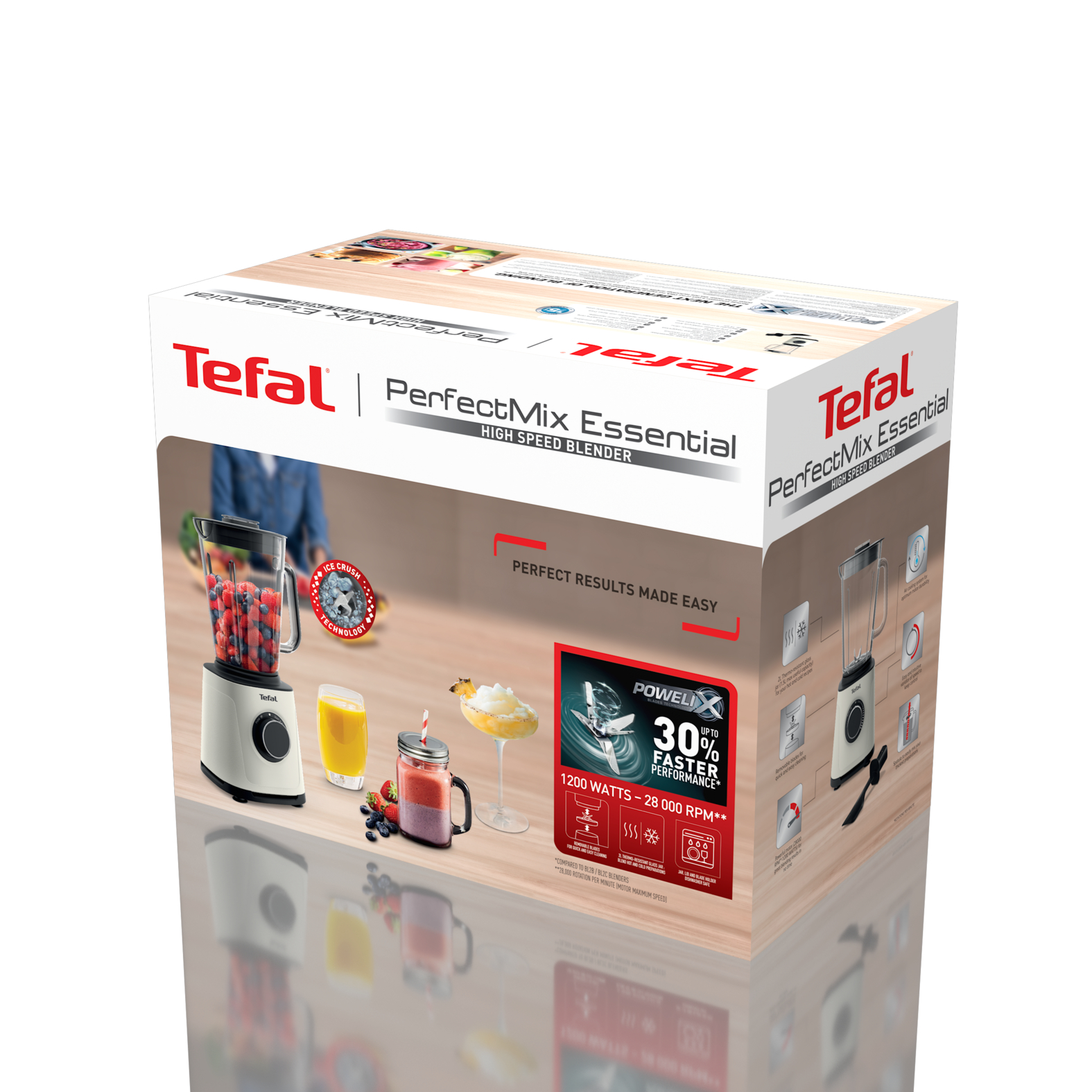 Egy Tefal PerfectMix Essential turmixgép doboza a turmixgép és a turmixok képeivel.