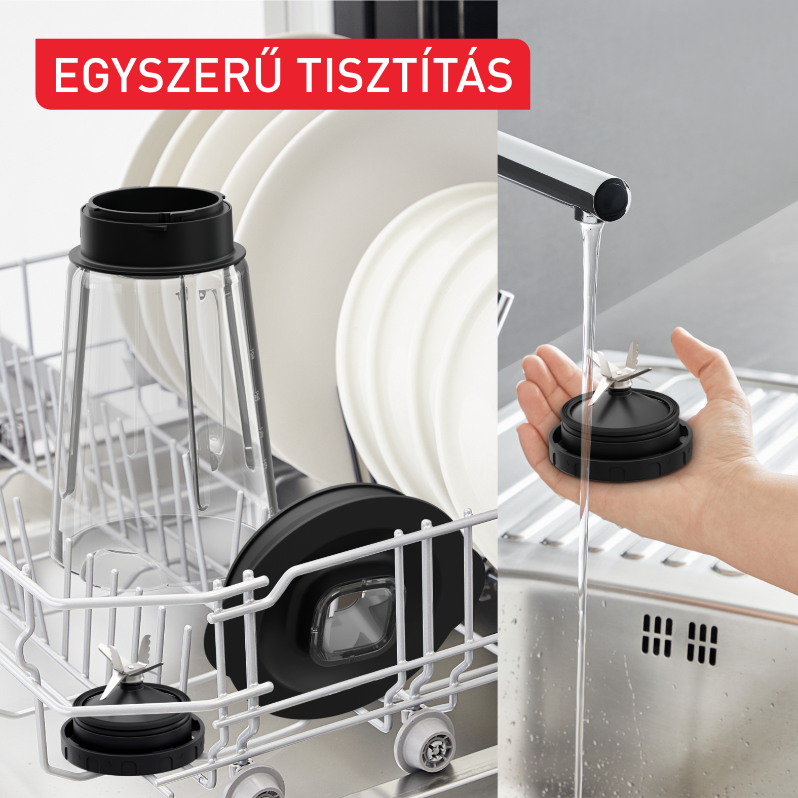 Egy turmixgép alkatrészei a mosogatógépben és egy kéz, amely egy pengét mos, kiemelve a könnyű tisztítást.