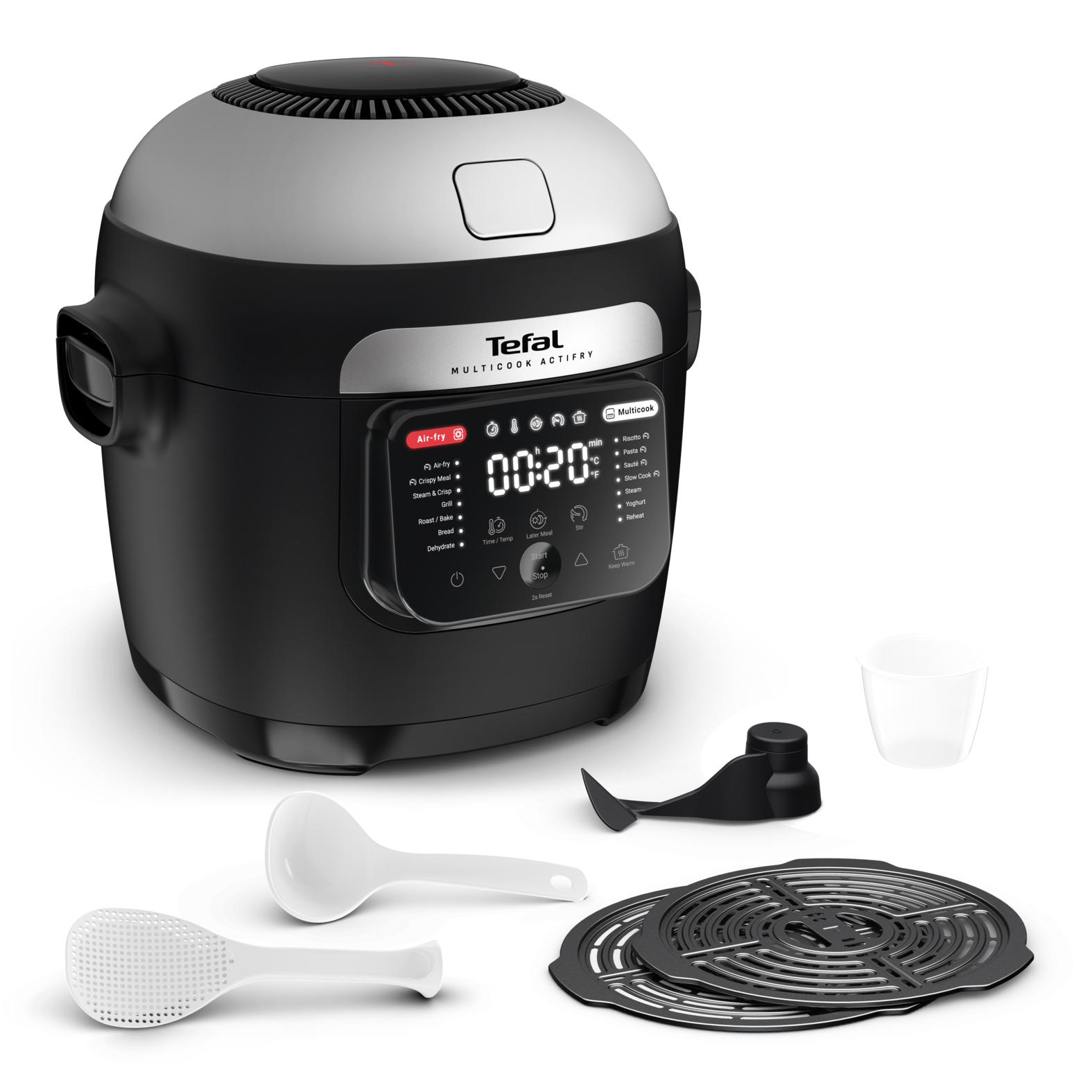Fekete-ezüst Tefal multicooker, kiegészítőkkel, beleértve a mérőpoharat és a kanalat.