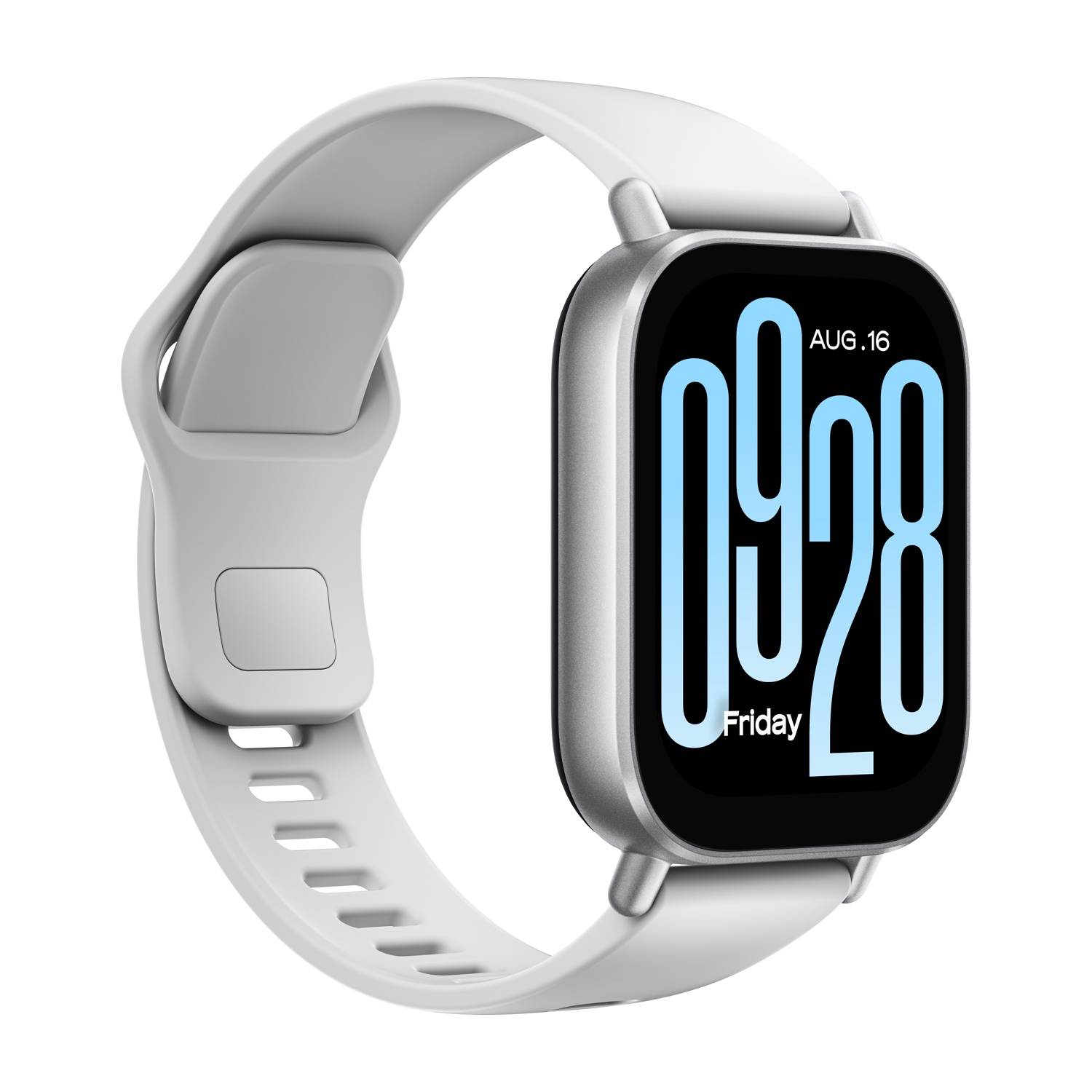 Uno smartwatch bianco con cinturino grigio. Lo schermo mostra la data e l'ora.