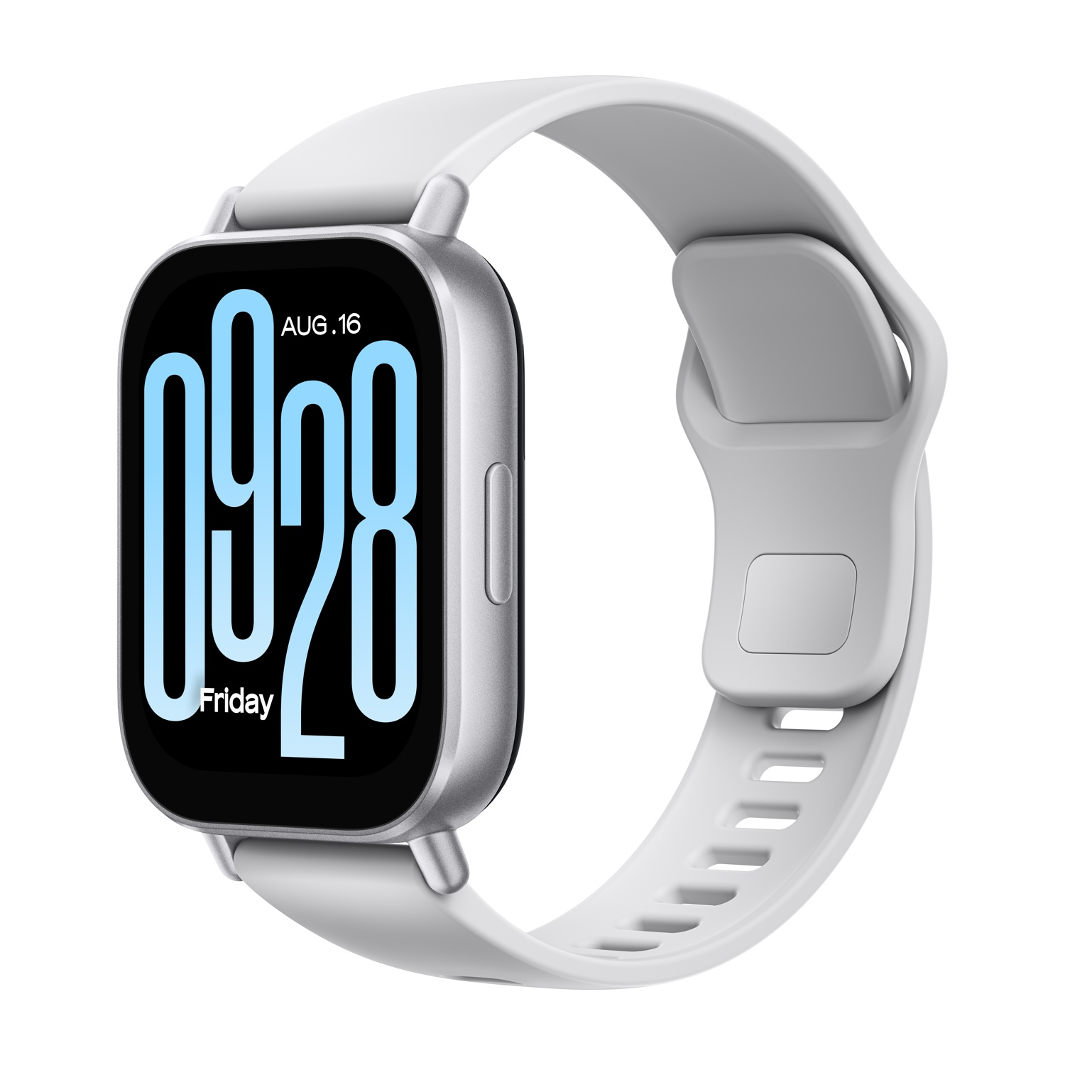 Uno smartwatch con cinturino bianco, schermo nero che mostra ora e data.