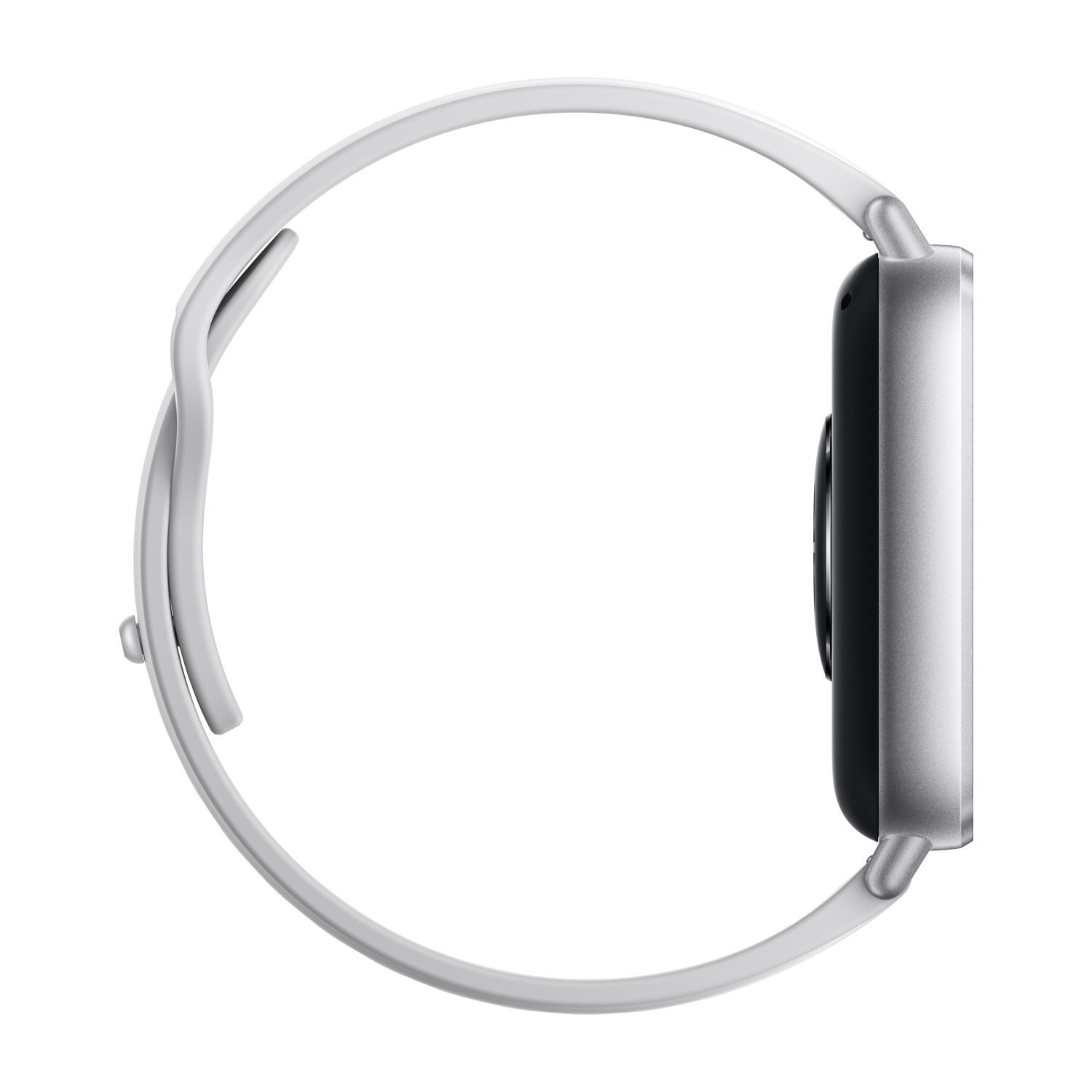 Smartwatch argento su sfondo bianco, che mostra il profilo laterale.