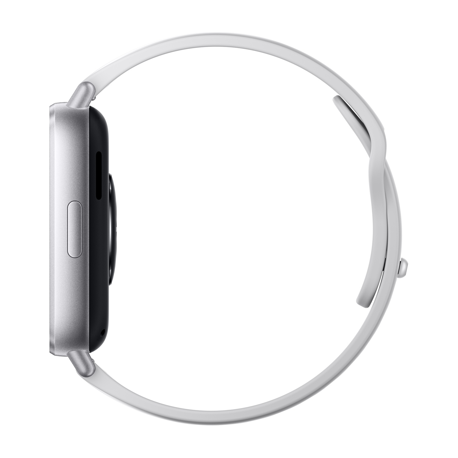 Smartwatch argentato con cinturino bianco. Vista laterale, mostra il quadrante e il cinturino. Sfondo bianco.