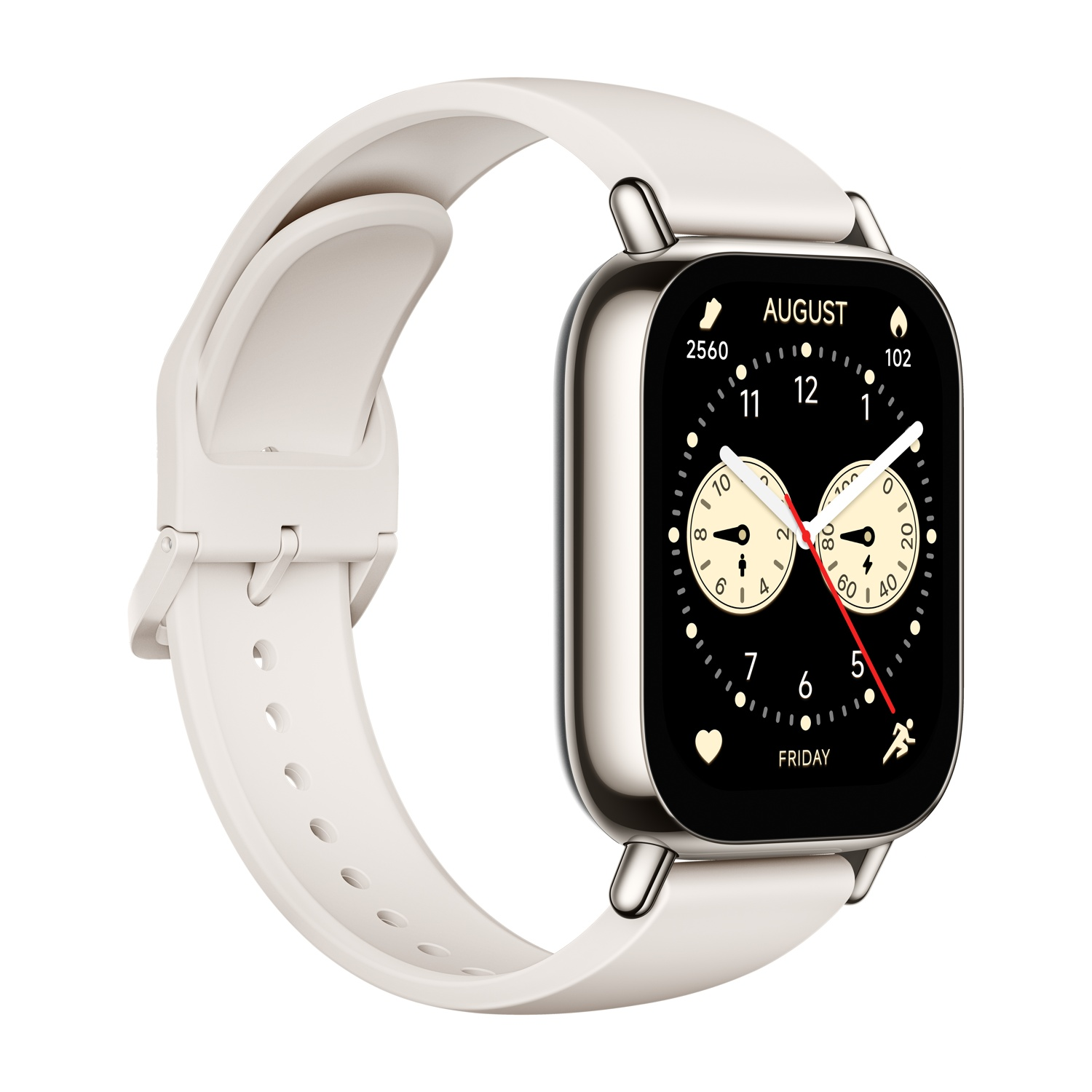 Smartwatch bianco e argento con cinturino bianco. Lo schermo mostra un orologio analogico con venerdì e agosto.