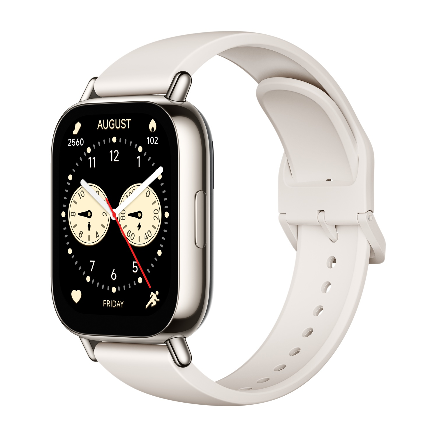 Uno smartwatch con cinturino bianco, che mostra l'ora, la data e i parametri di salute sullo schermo.