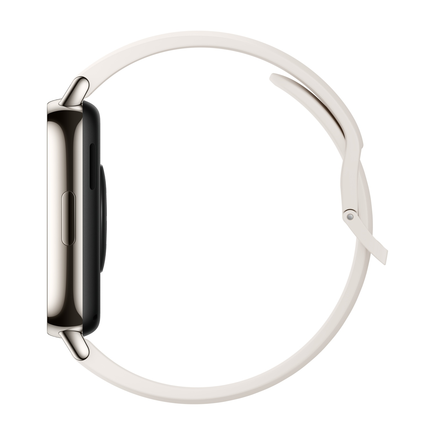 Smartwatch, vista laterale. Cinturino bianco, quadrante nero.