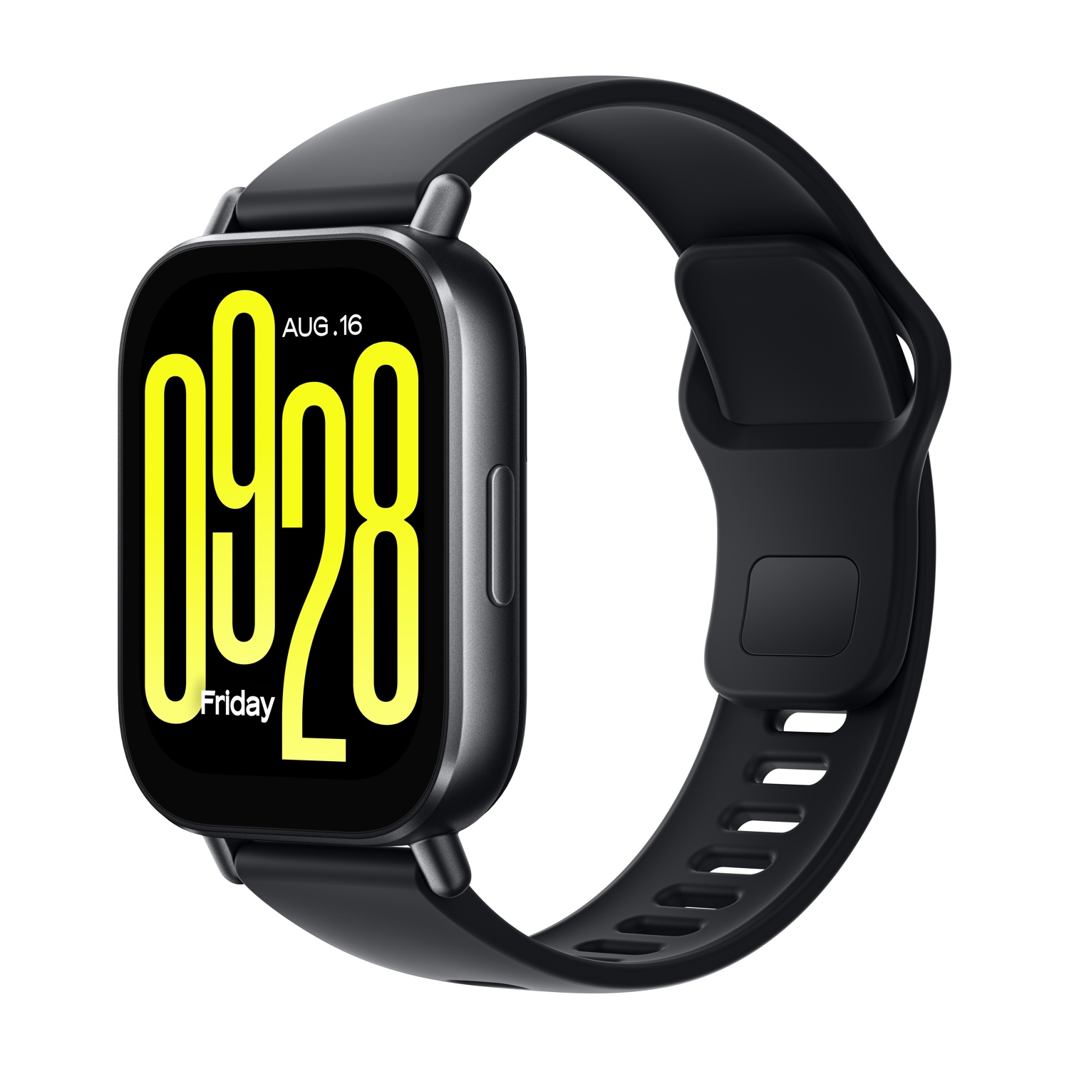 Smartwatch nero con display digitale che mostra ora e data. Cinturino nero. Sfondo bianco.