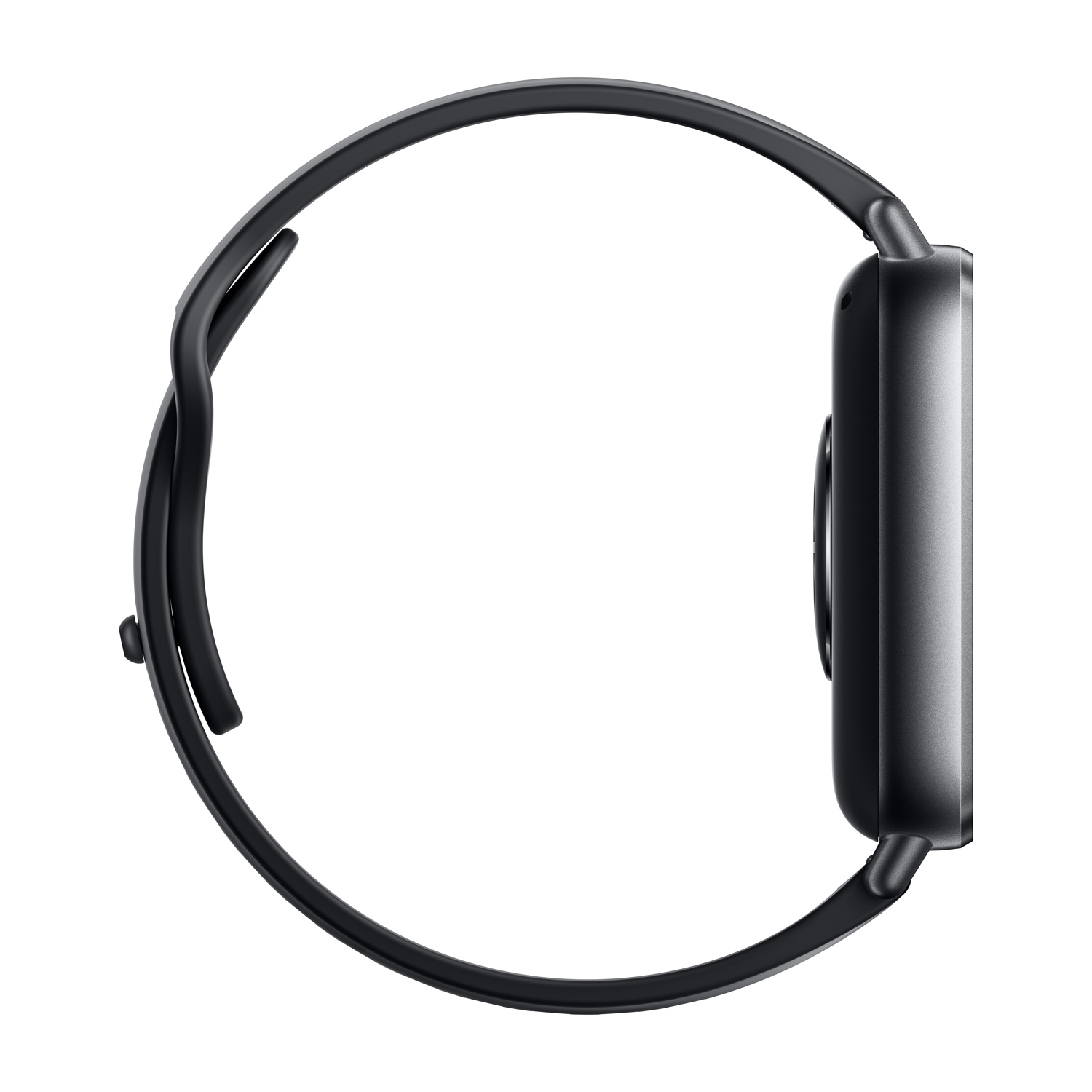 Smartwatch nero, vista laterale. Cinturino, schermo e pulsante visibili.