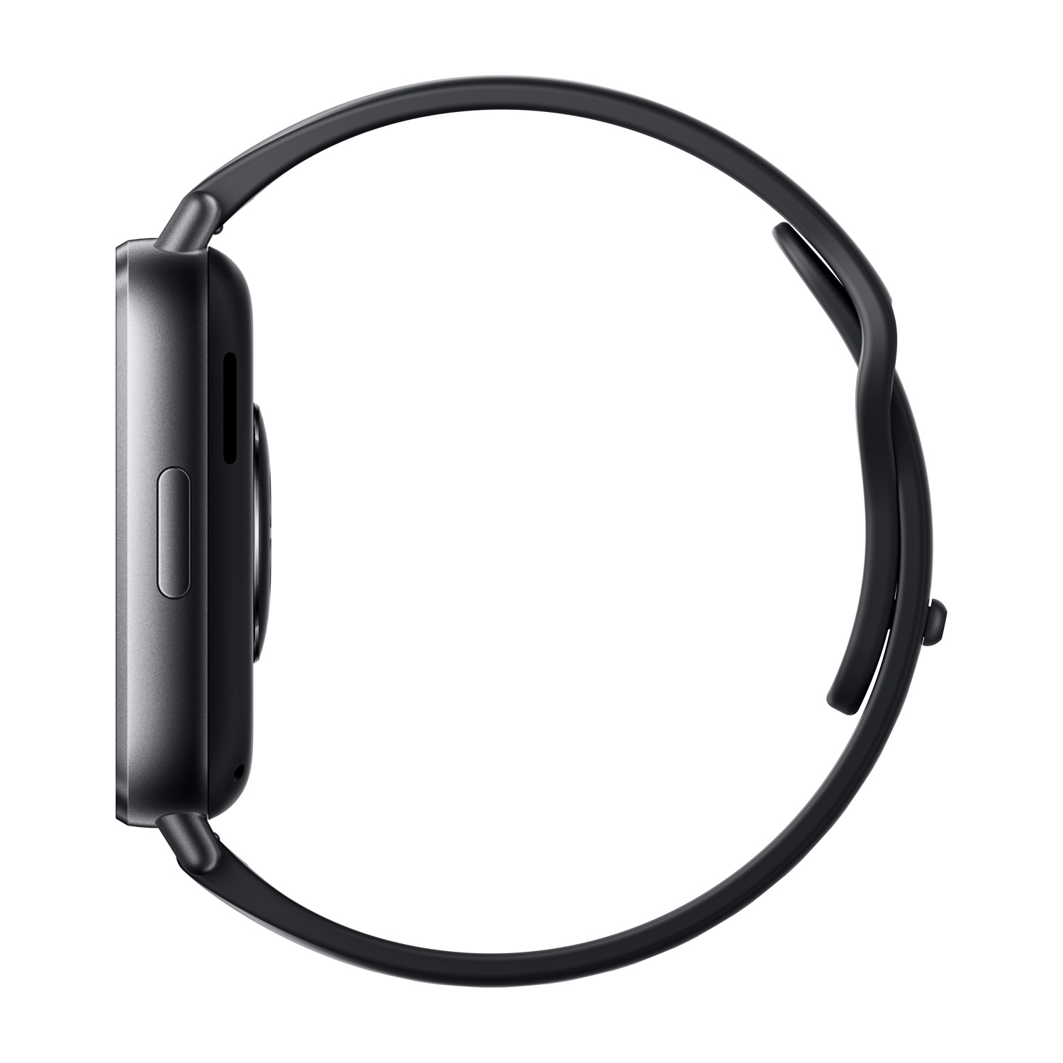 Vista laterale di uno smartwatch nero con cinturino nero. È su sfondo bianco.