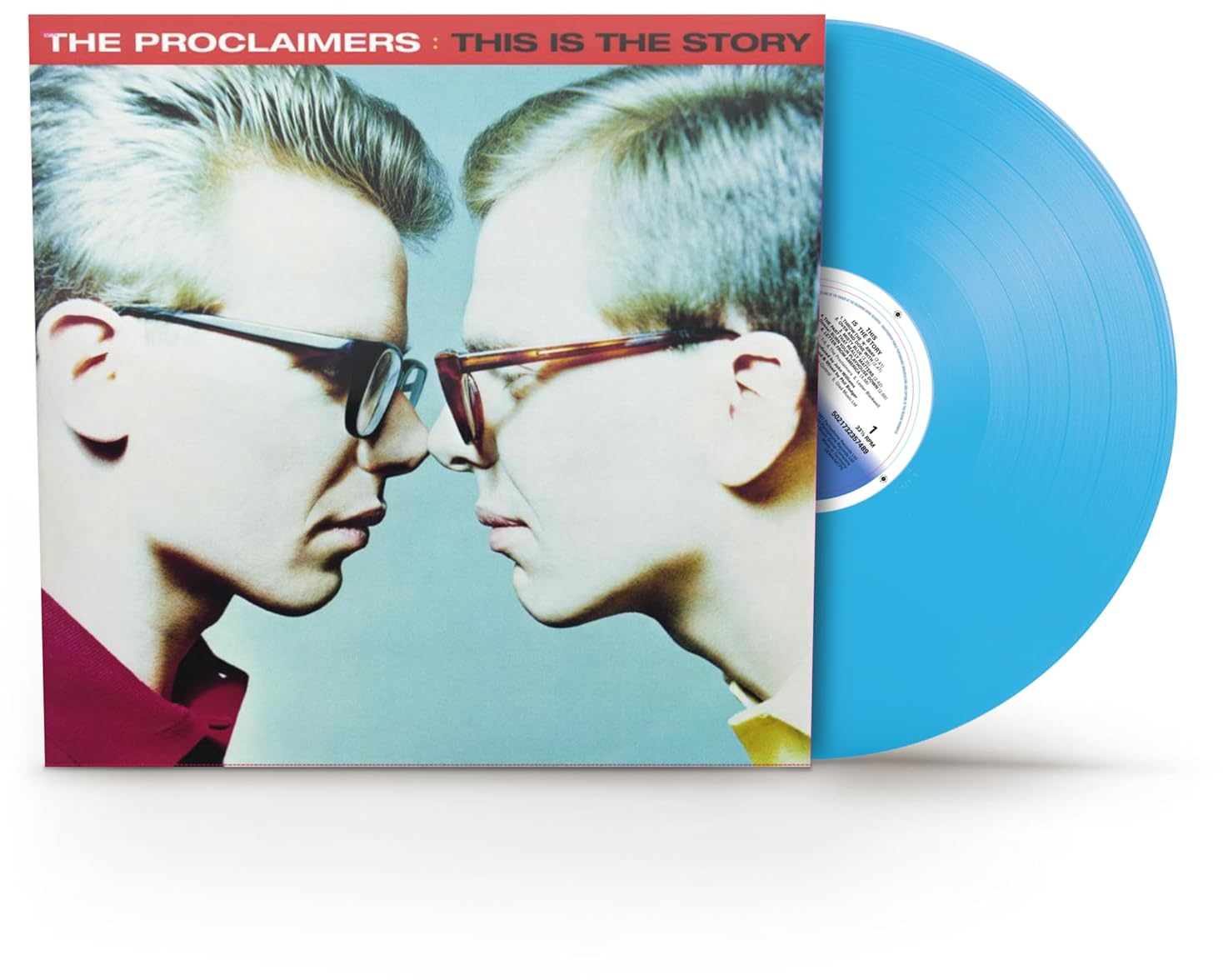 Album borító, The Proclaimers This Is The Story, egy kék bakelit lemez.