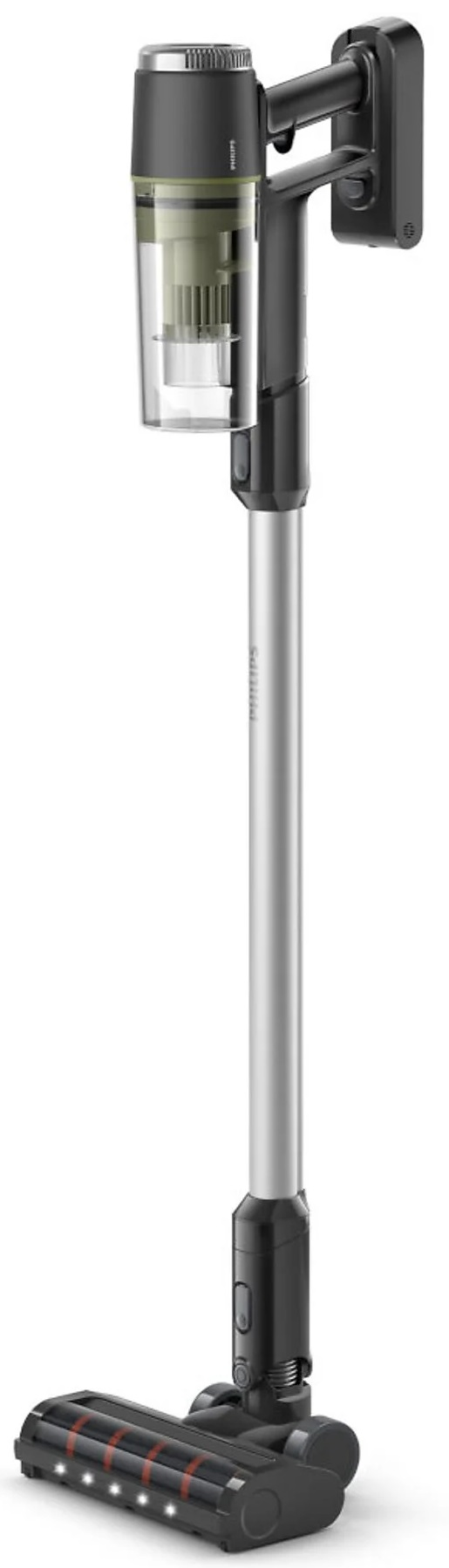 Pionowy odkurzacz, czarny i srebrny. Jest zamontowany na ścianie.