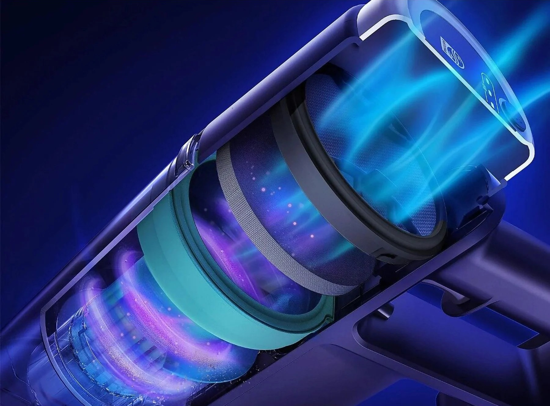 Przekrój odkurzacza ukazujący filtry i elementy wewnętrzne, z niebieskim światłem.