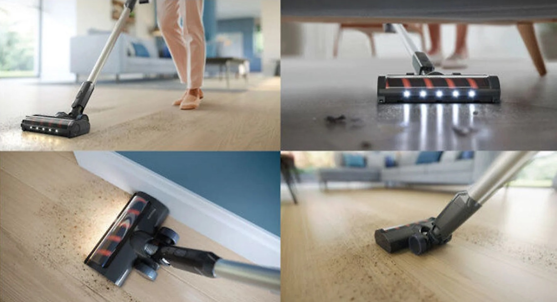 Seria zdjęć przedstawiających odkurzacz w użyciu na różnych powierzchniach.