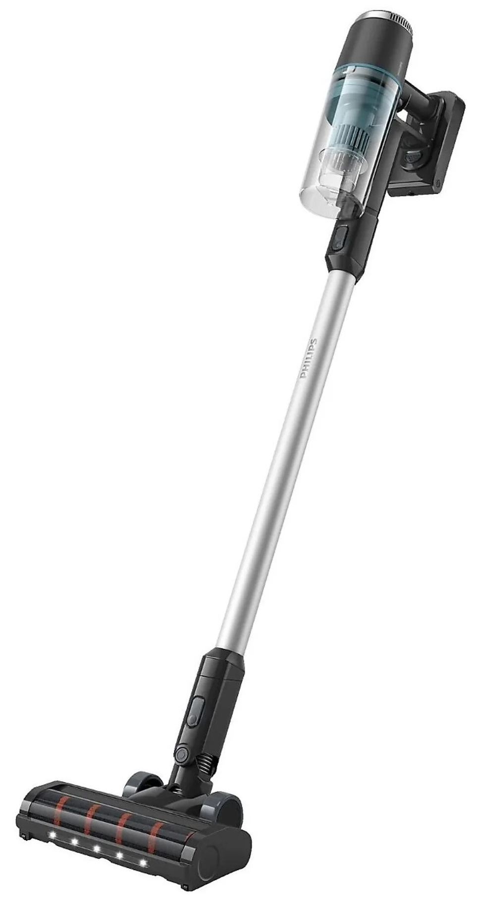 Odkurzacz bezprzewodowy. Srebrny korpus, czarna głowica szczotki.