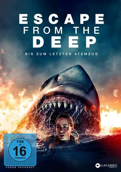 Filmplakat: Frau im Wasser, Hai greift an. Titel: Escape from the Deep.