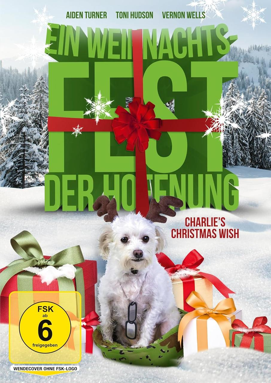 Filmplakat: Hund mit Rentiergeweih sitzt neben Geschenken. Verschneiter Hintergrund. 'Charlie's Christmas Wish'.