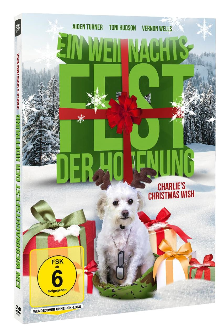 DVD-Hülle mit einem weißen Hund und einer Weihnachtsszene.