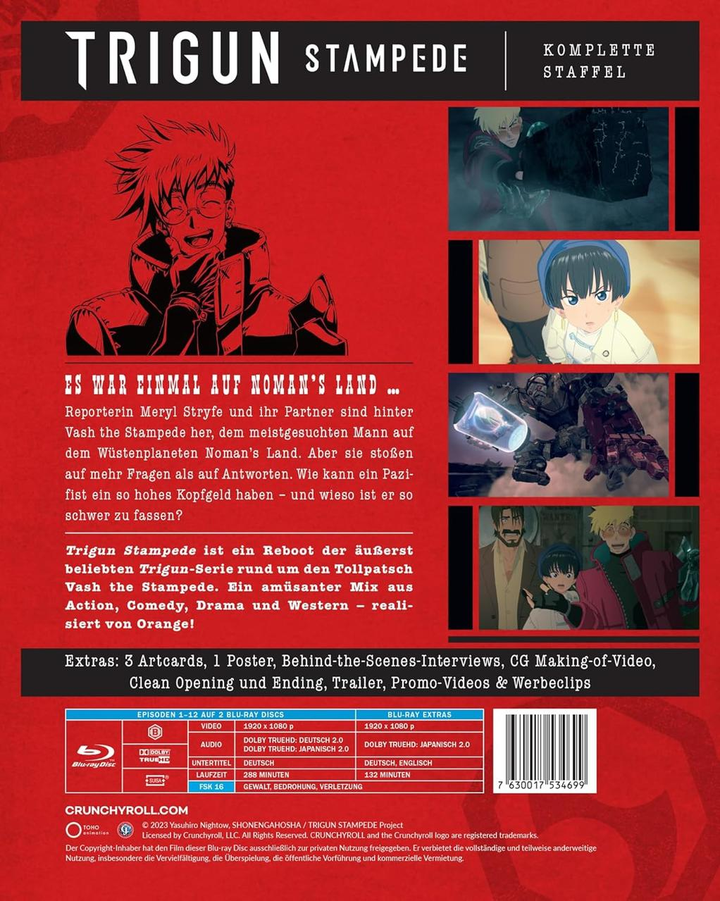 Rückseite der Trigun Stampede Anime-DVD. Roter Hintergrund mit Charakteren und Infos.