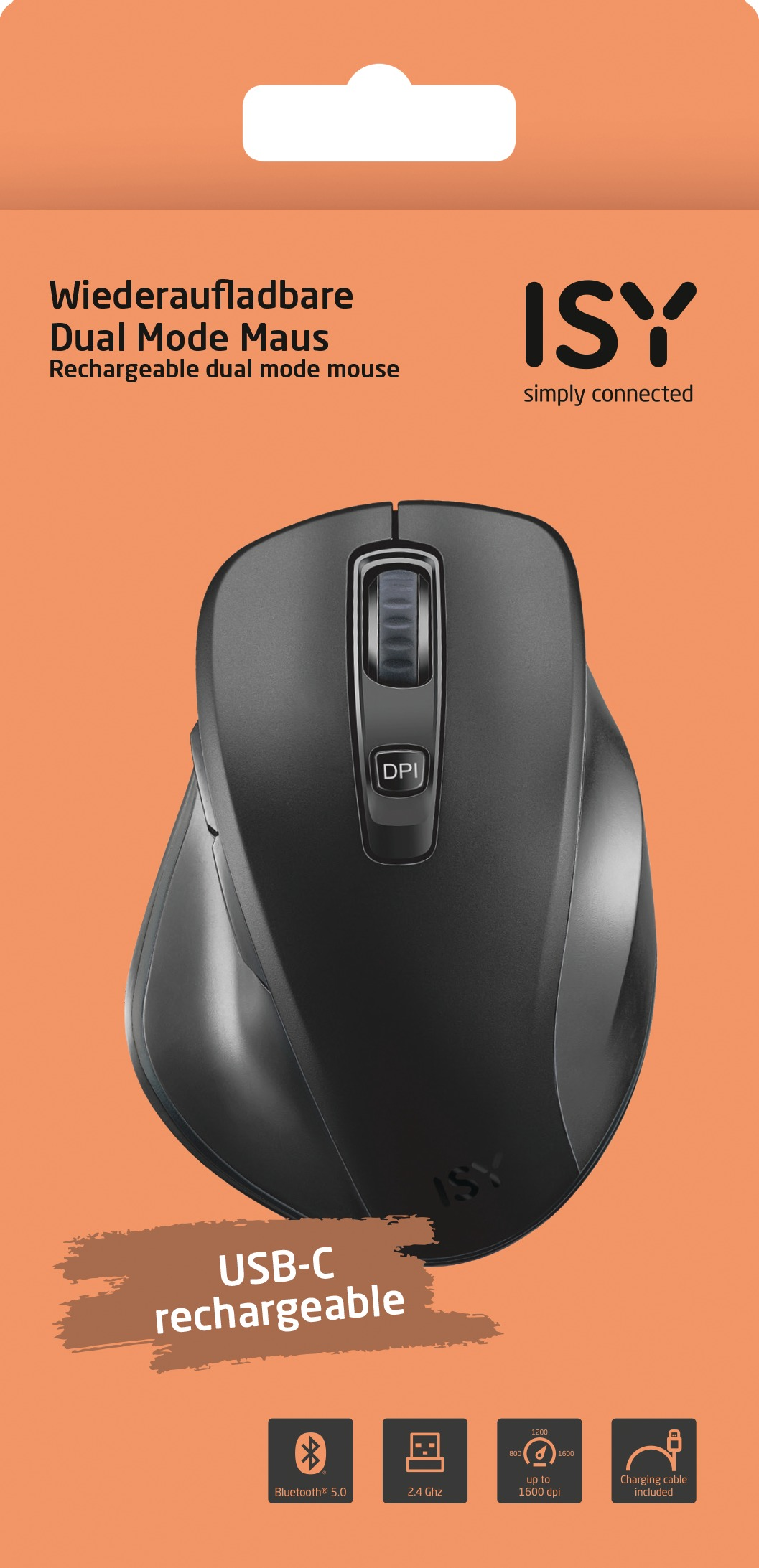 Schwarze ISY Dual-Mode-Maus in Verpackung mit USB-C-Aufladung und Bluetooth 5.0.