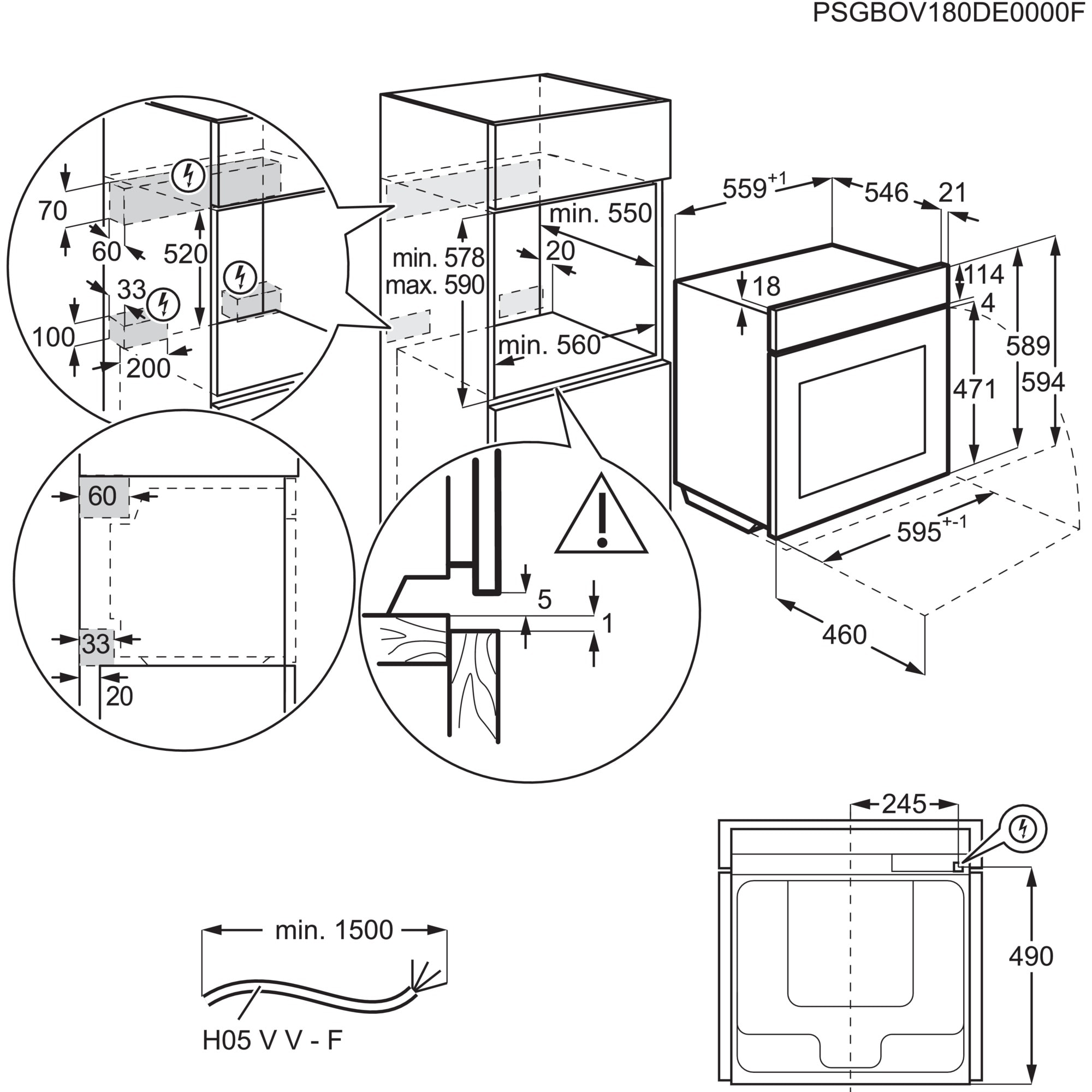 Diagramm eines Backofens, das Abmessungen und Einbaudetails mit Ausschnitten zeigt.