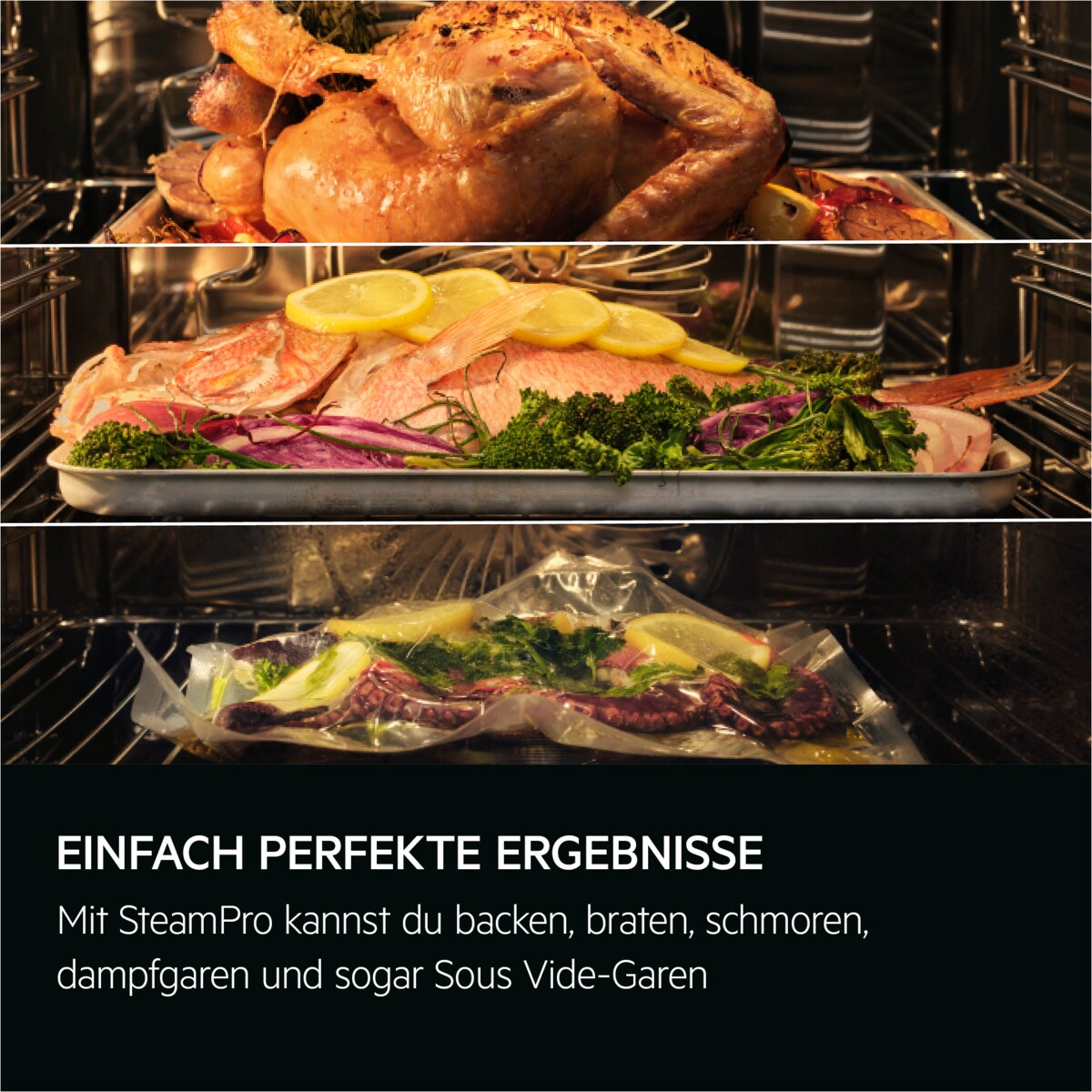 Ofen mit drei Gerichten. Text unten: einfache perfekte Ergebnisse. Das Essen im Ofen ist gut gegart.