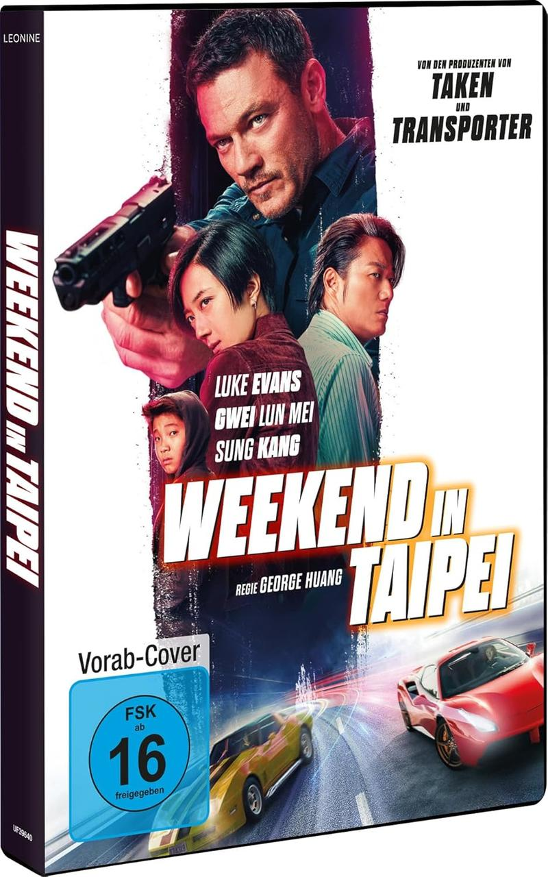 Filmcover: Luke Evans mit Pistole, andere Schauspieler. Titel: Weekend in Taipei. Autos auf Straße, FSK 16.