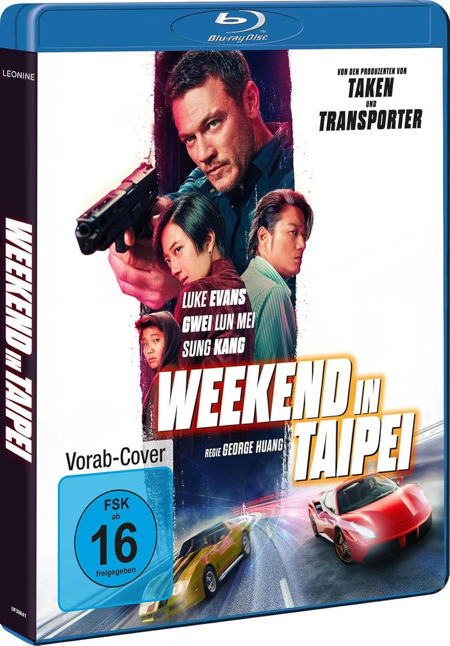 Blu-ray-Cover von 'Weekend in Taipei' mit Schauspielern, Autos und einer Waffe. Enthält die FSK 16-Bewertung.