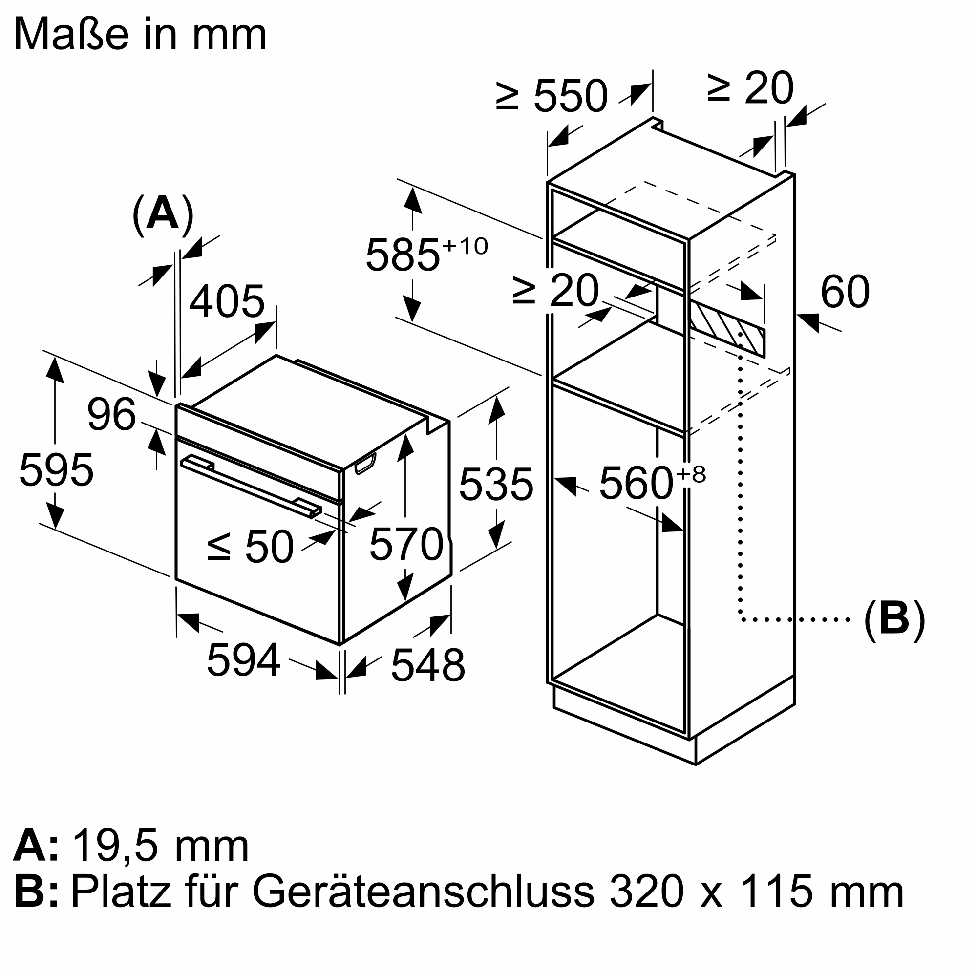 Technische Zeichnung eines Einbaubackofens, mit Abmessungen in mm und Details.