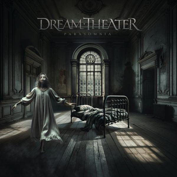 Album borító egy fehér ruhás nővel, ággyal és egy sötét szobával. Dream Theater 'Parasomnia'.