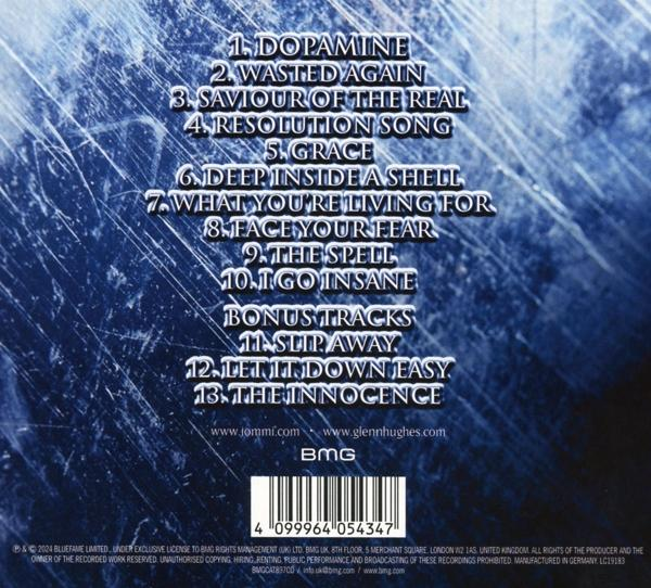 Album borító a számlistával. Szöveg kék háttérrel.