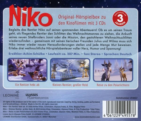 Rückseite einer DVD-Hülle mit Illustrationen und Text über den Film 'Niko'.