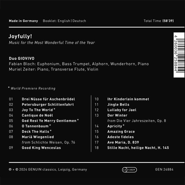 CD-Cover mit Titelliste und Credits für 'Joyfully! Music for the Most Wonderful Time of the Year'.