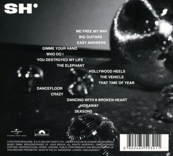 Albumcover mit glänzenden Discokugeln und Songtiteln. 'SH'-Logo ist sichtbar. Schwarz-weiß-Farbschema.