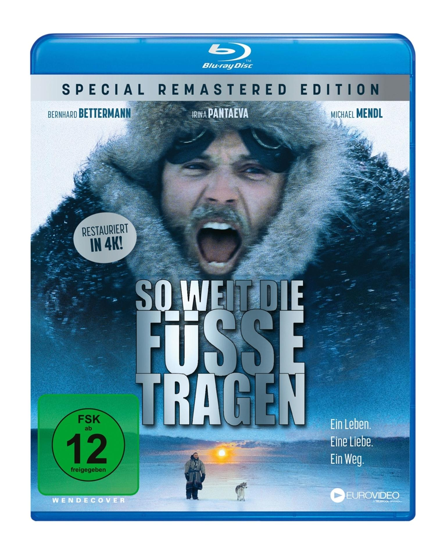 Filmcover, ein Mann in einem pelzgefütterten Mantel, der schreit. Der Titel lautet So Weit Die Füsse Tragen.