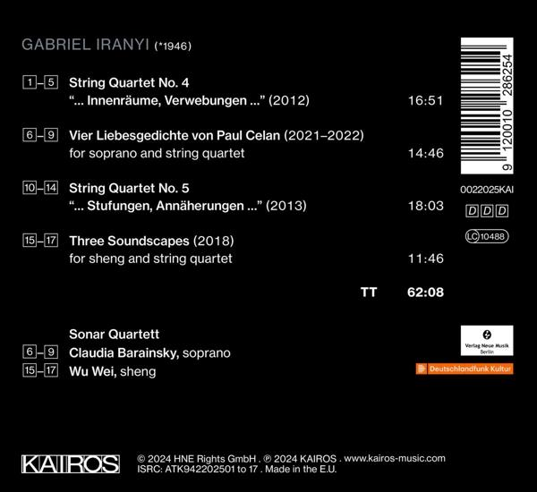 Schwarzes CD-Cover mit Titelliste und Namen, darunter Sonar Quartett. Der Titel 'String Quartet' und der Komponistenname sind sichtbar.