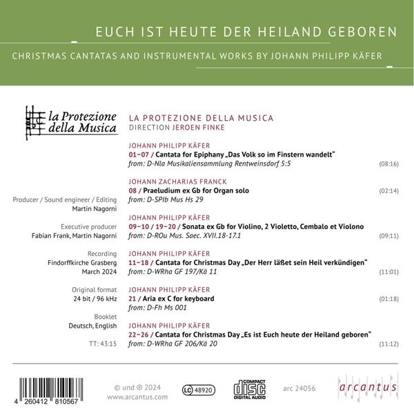 CD-Cover mit Text. Titel: Euch ist heute der Heiland geboren. Mit Künstler Johann Philipp Käfer und dem Label arcantus.