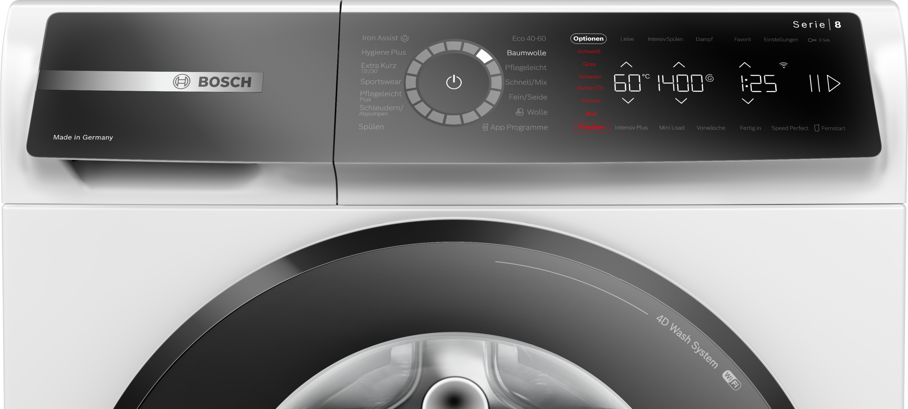 Weißes Bosch Waschmaschinen-Bedienfeld mit Digitalanzeige und Tasten.