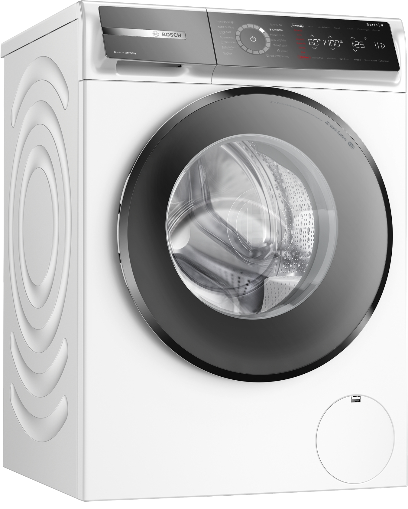 Eine weiße Bosch Waschmaschine mit einer schwarzen Tür.