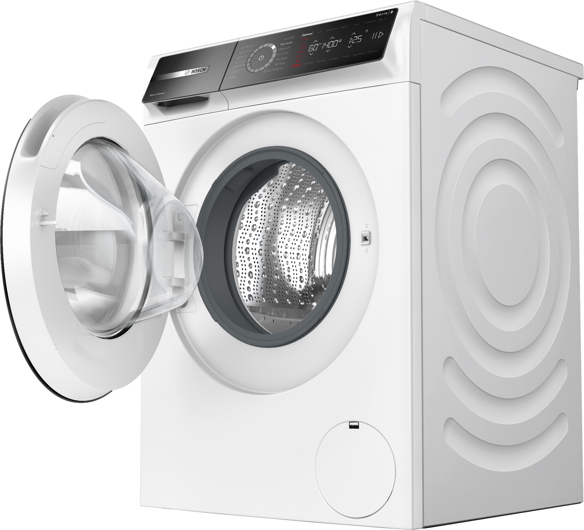 Weiße Waschmaschine mit offener Tür. Sie zeigt das Innere der Maschine.
