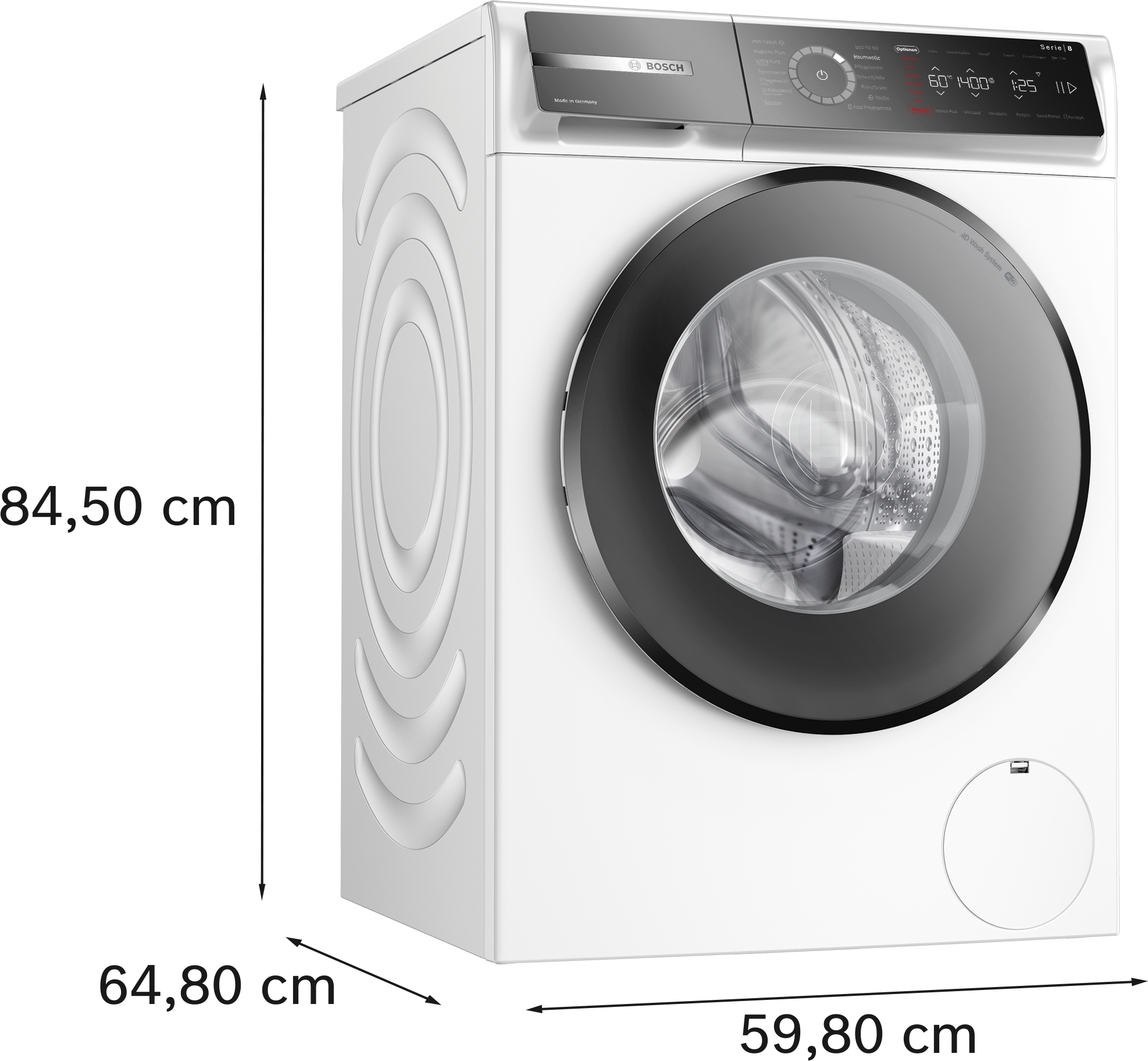 Weiße Waschmaschine mit Abmessungen: 84,50 cm Höhe, 64,80 cm Breite, 59,80 cm Tiefe.