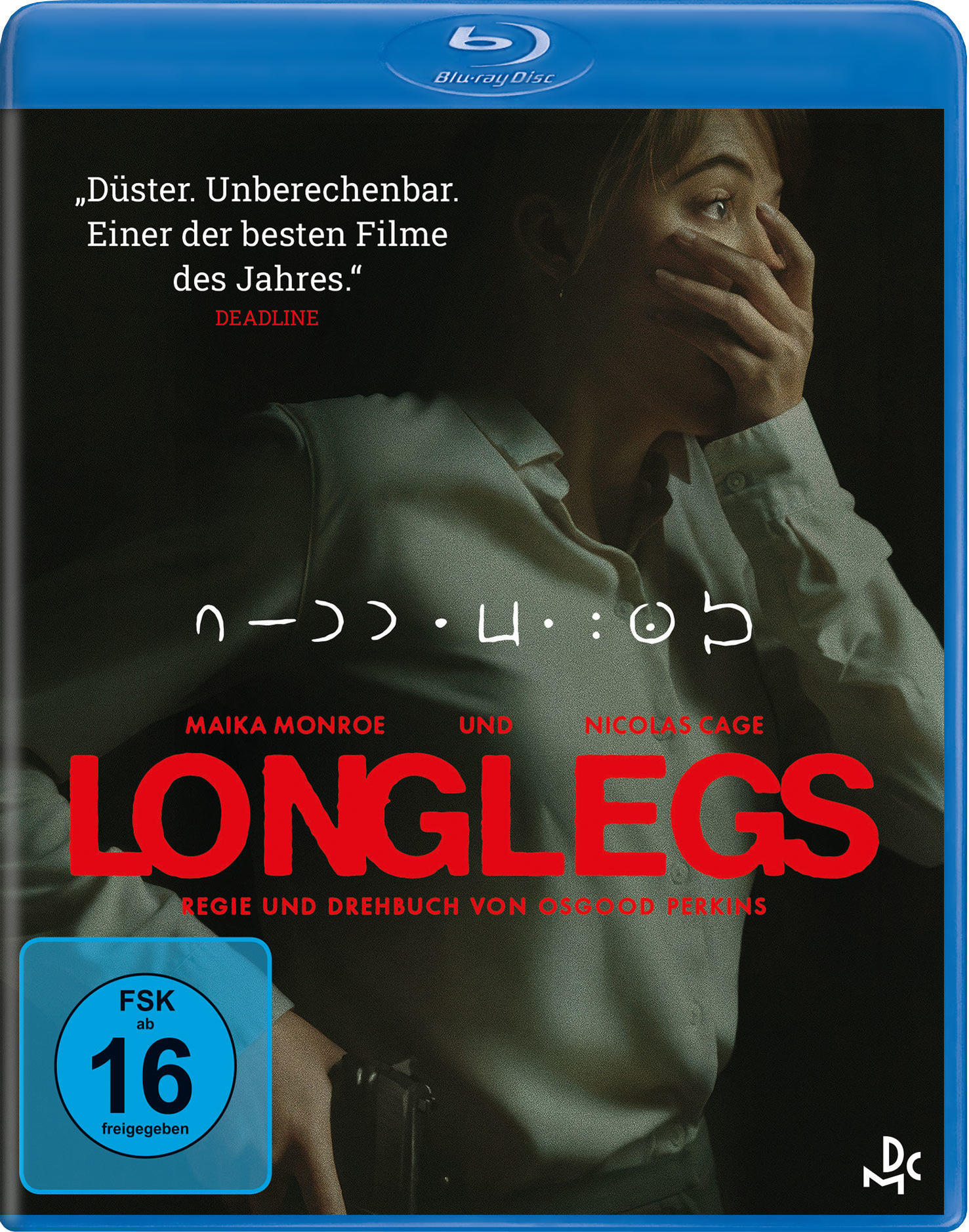 Longlegs Filmcover. Maika Monroe und Nicolas Cage sind abgebildet. Der Text enthält "Blu-ray Disc" und Filmdetails.
