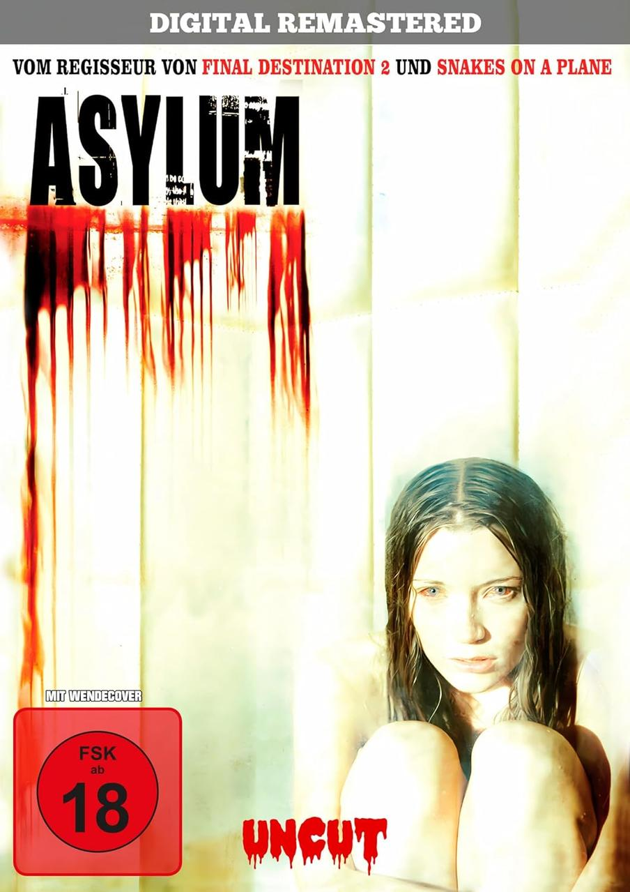 DVD-Cover: Frau, Blutstreifen. Titel: 'ASYLUM'. Roter, weißer Hintergrund. FSK 18-Aufkleber.