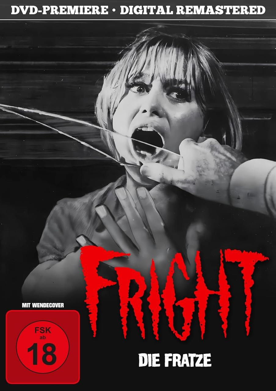 Filmplakat: Eine Frau schreit, während sich eine Hand mit scharfen Gegenständen ihrem Gesicht nähert.