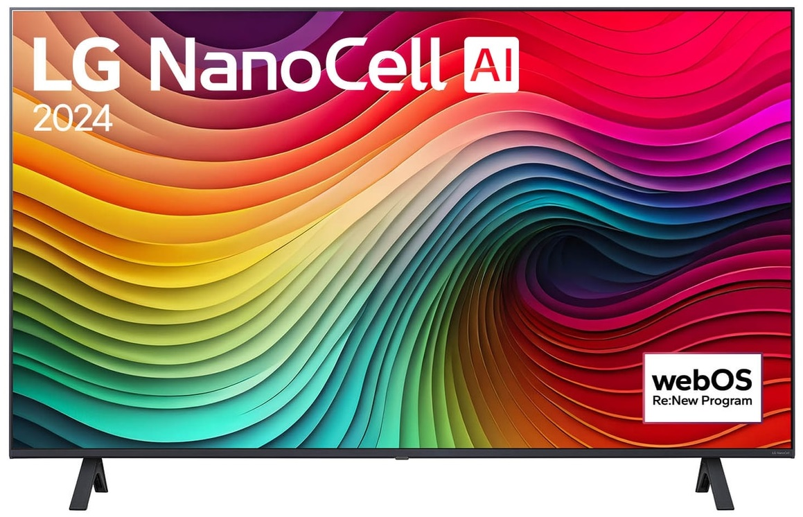 Telewizor LG NanoCell z kolorowym tłem. Posiada logo programu webOS na dole.