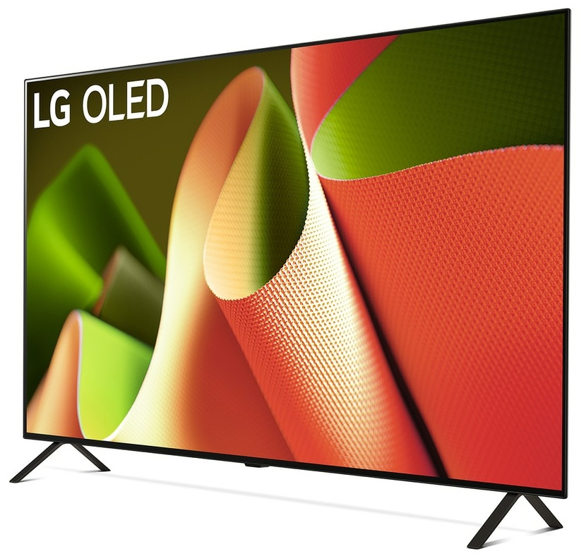 Duży telewizor LG OLED z kolorowym abstrakcyjnym tłem i czarnymi nogami.