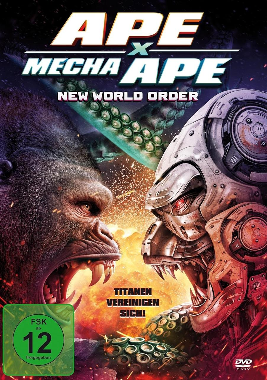 DVD-Cover: Affe vs. Mecha-Affe, mit Text "New World Order" und "TITANS UNITE!".